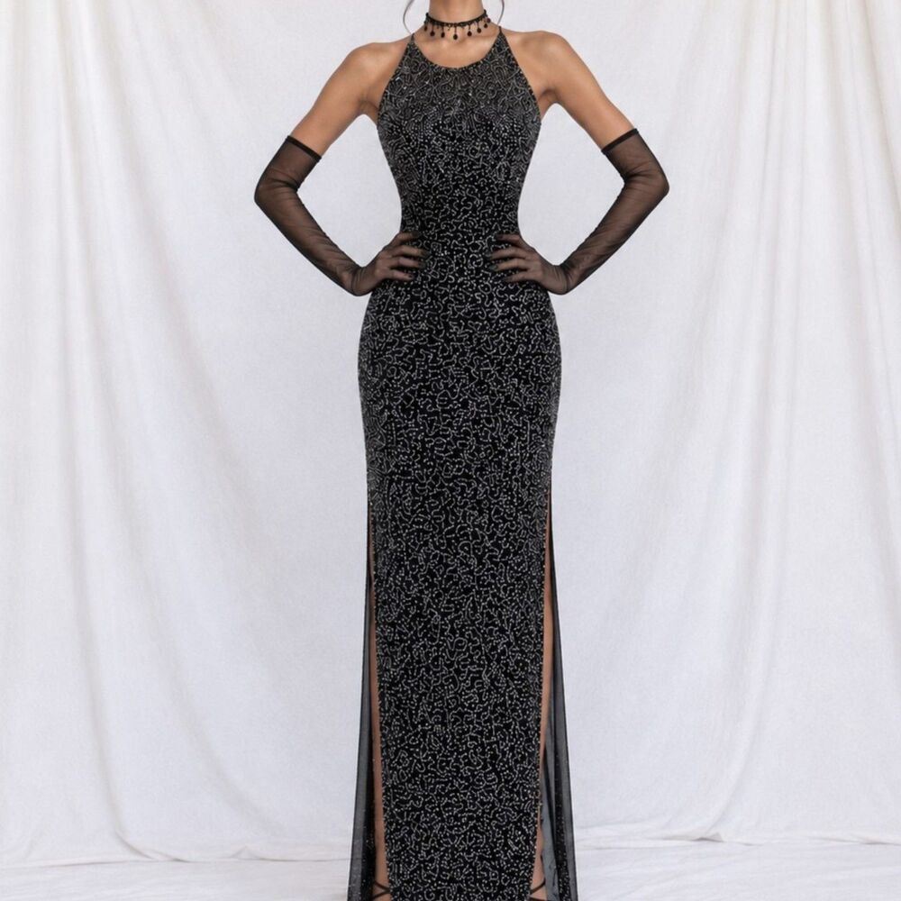 Vintage Y2K Black Gray Beaded Bodycon Maxi Side Slit Formal Prom Dress Size XS